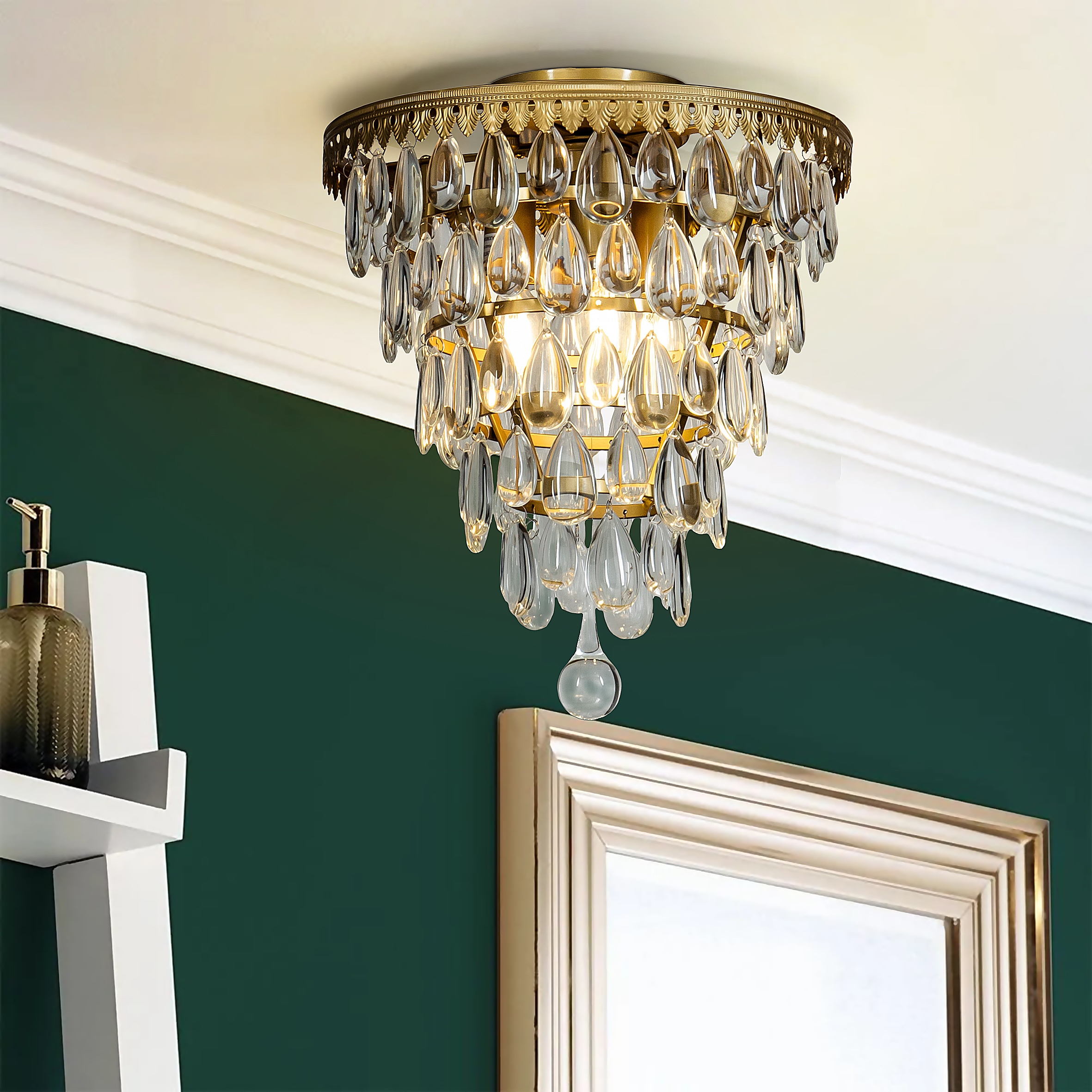 Interior 3 Lights Teardrop Glass Flush Mount Ceiling light 12 Tiered Glam Chandelier
