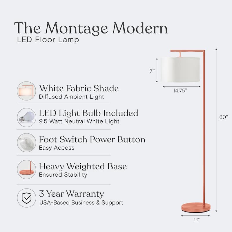 Brightech Montage Modern 60 in. Modern LED Super Bright Floor Lamp with White Fabric Drum Shade