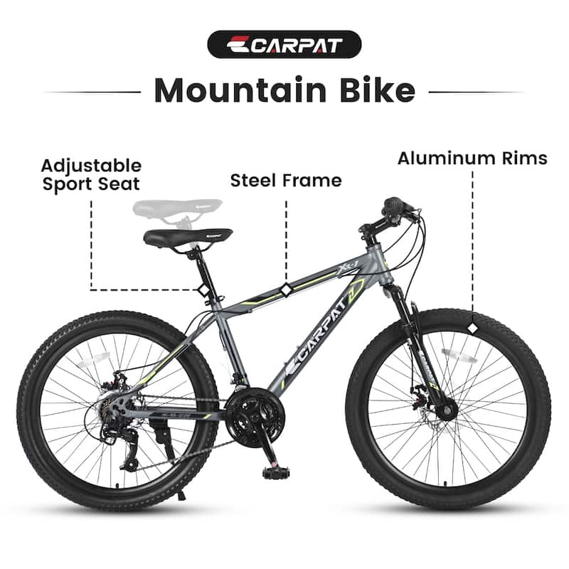 24 In. Steel Mountain Bike for Boys Girls with Daul Disc Brakes