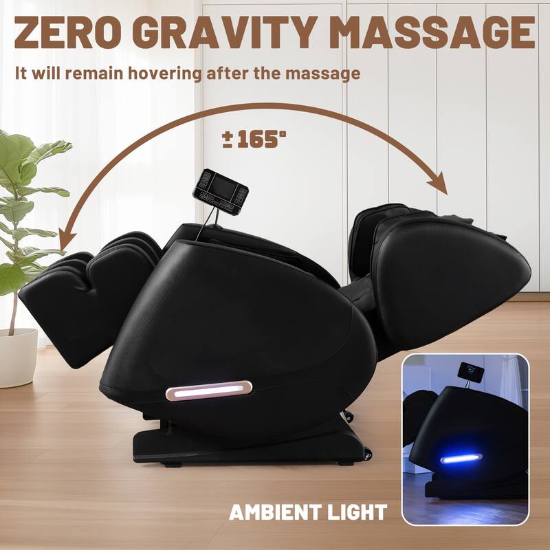 Black Zero Gravity Full Body Massage Chair with Air Pressure, Heated Foot Rollers, Bluetooth Connectivity, and Reclining Feature