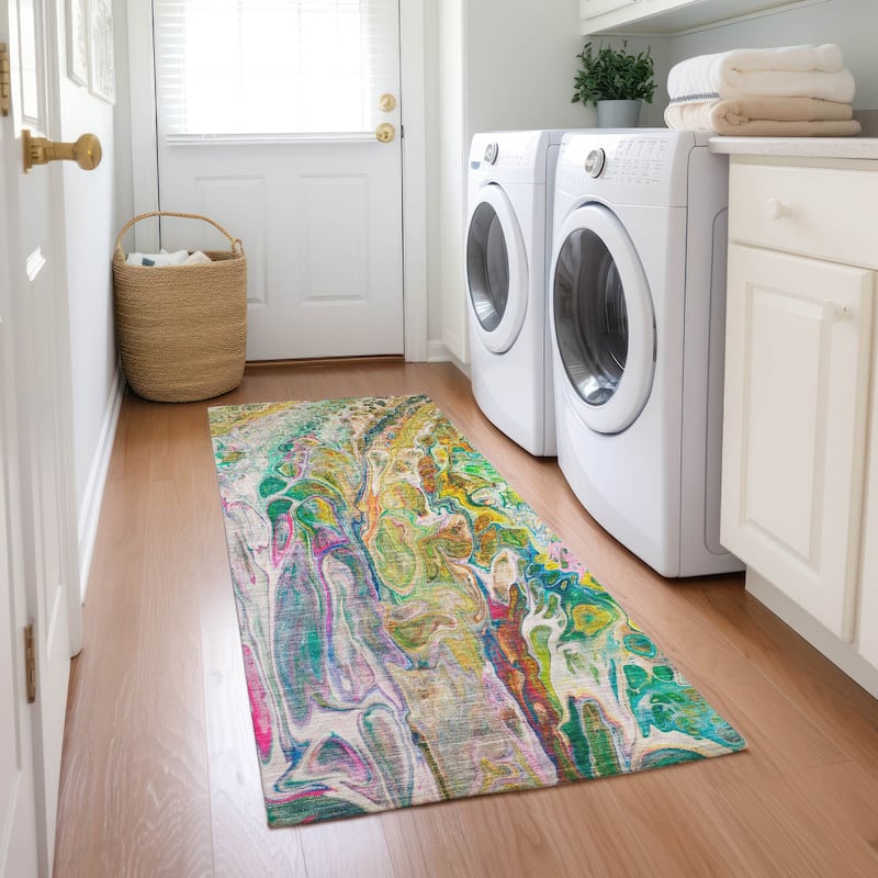 Machine Washable Indoor/ Outdoor Chantille Abstract Modern Rug - Green - 2'3" x 7'6"