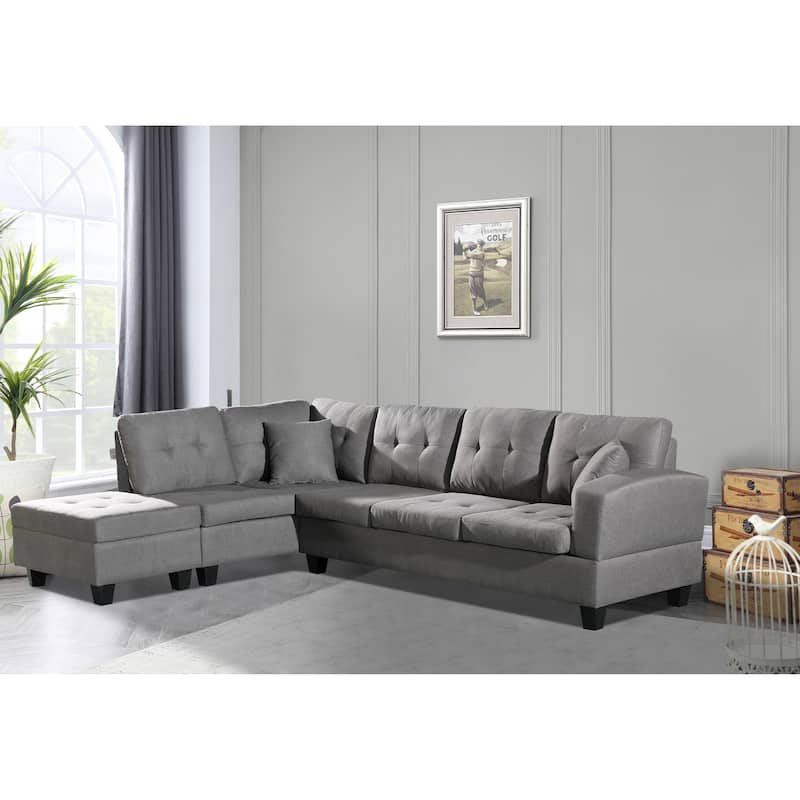 104.72'' L-Shaped 6-Seat Sectional Sofa with Storage Ottoman and Cup Holder, Removable Cushions and Pillows - Grey