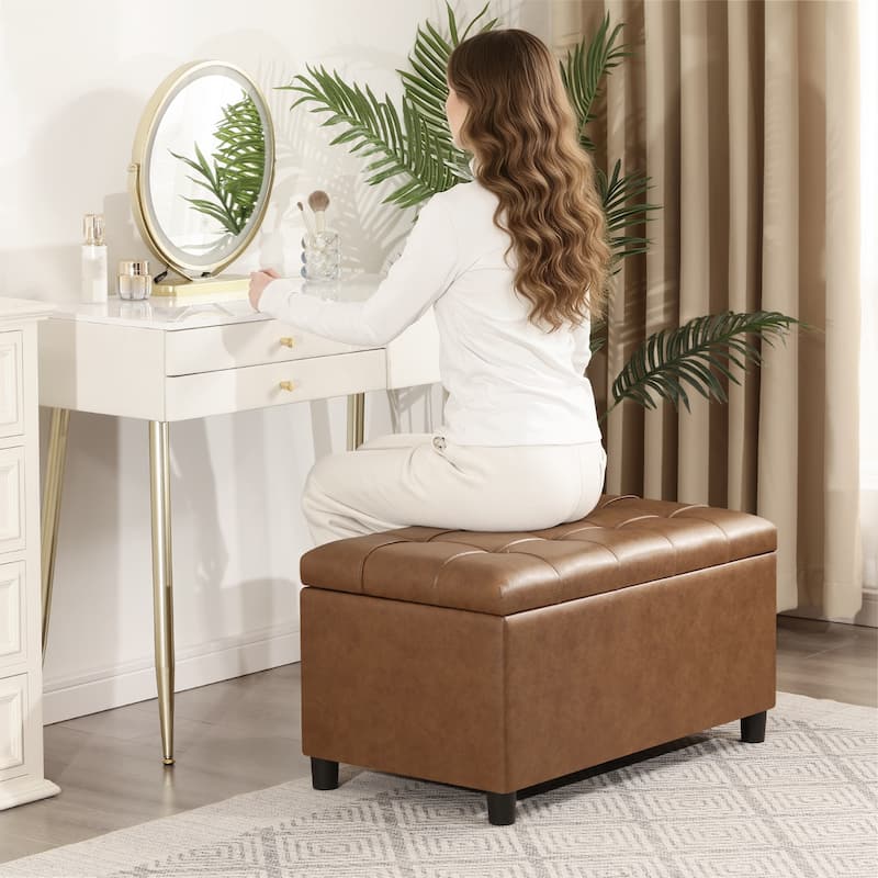 Adeco Rectangular Storage Ottoman Faux Leather Bench Lift-top Footrest