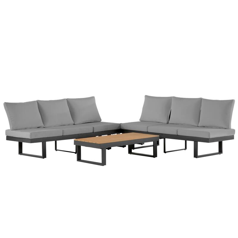Outdoor Patio Conversation Sofa Set L-shape Sectional Sofa Set with Adjustable Reclining Seats, Coffee Table, Side Table