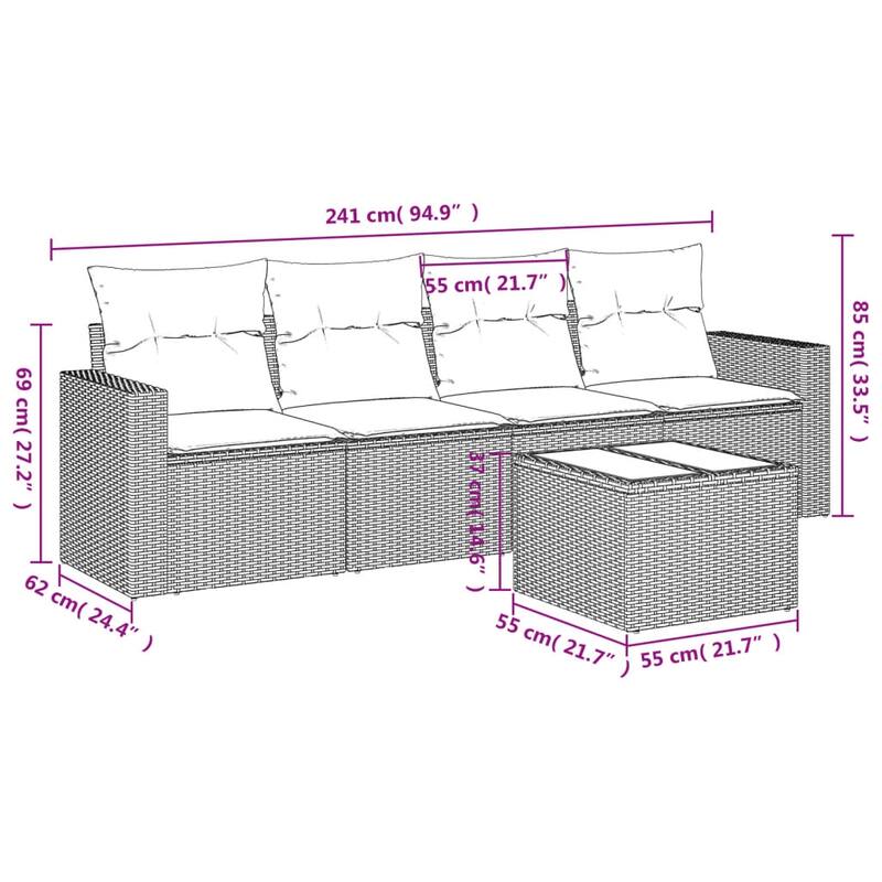 vidaXL Garden Sofa Set Black PE Rattan 5 Piece Set Adjustable Feet - 21.7 x 21.7 x 14.6