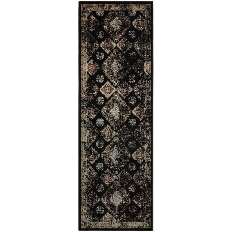 Superior Mayfair Distressed Damask Indoor Runner or Area Rug - 2' 7" x 8' - Black