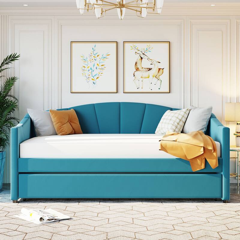 Velvet Upholstered Daybed Twin Size with 2 Drawers or Trundle - Blue- Trundle - Twin