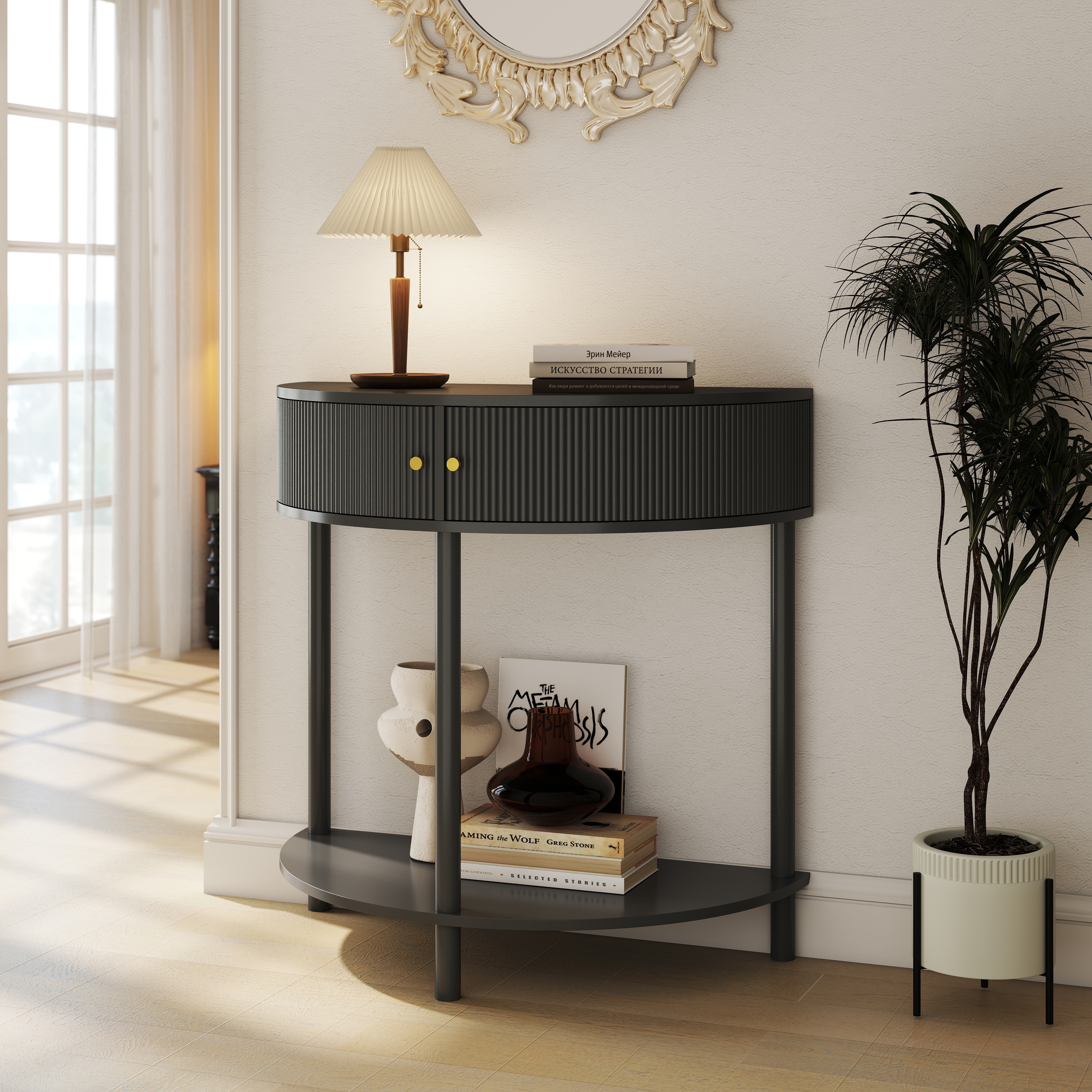 Wave-Pattern Console Table with Dark Gray Finish,Unique Half Moon Design End Table with 2 Storage Drawers and Bottom Shelf