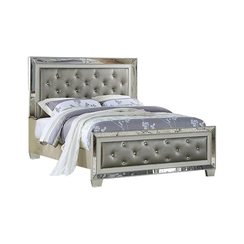 Reva California King Bed with Mirror Inlay, Upholstered Gray Faux Leather