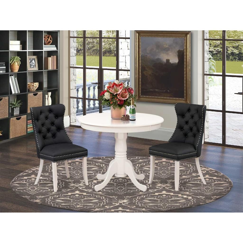 3-Piece Linen White Finish Solid Wood Top - Round Upholstered Dining Room Set - Seats 4
