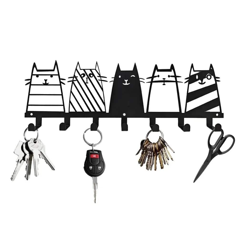 Cute Cat Wall Hooks 7-Hook Key Rack Coat Rack Modern Decor - 13.74" x 4.37"