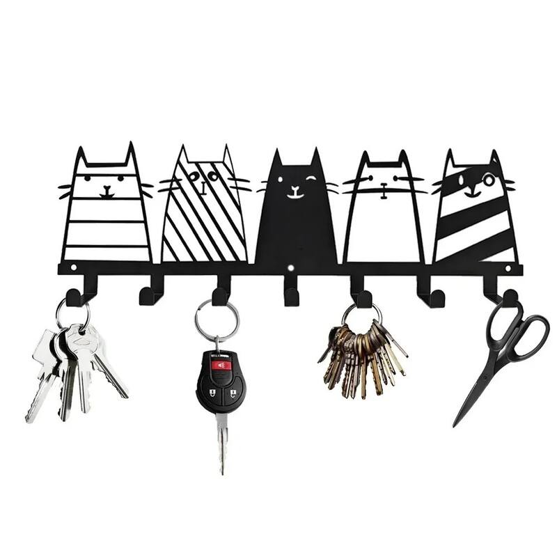 Cute Cat Wall Hooks 7-Hook Key Rack Coat Rack Modern Decor - 13.74" x 4.37" - Black