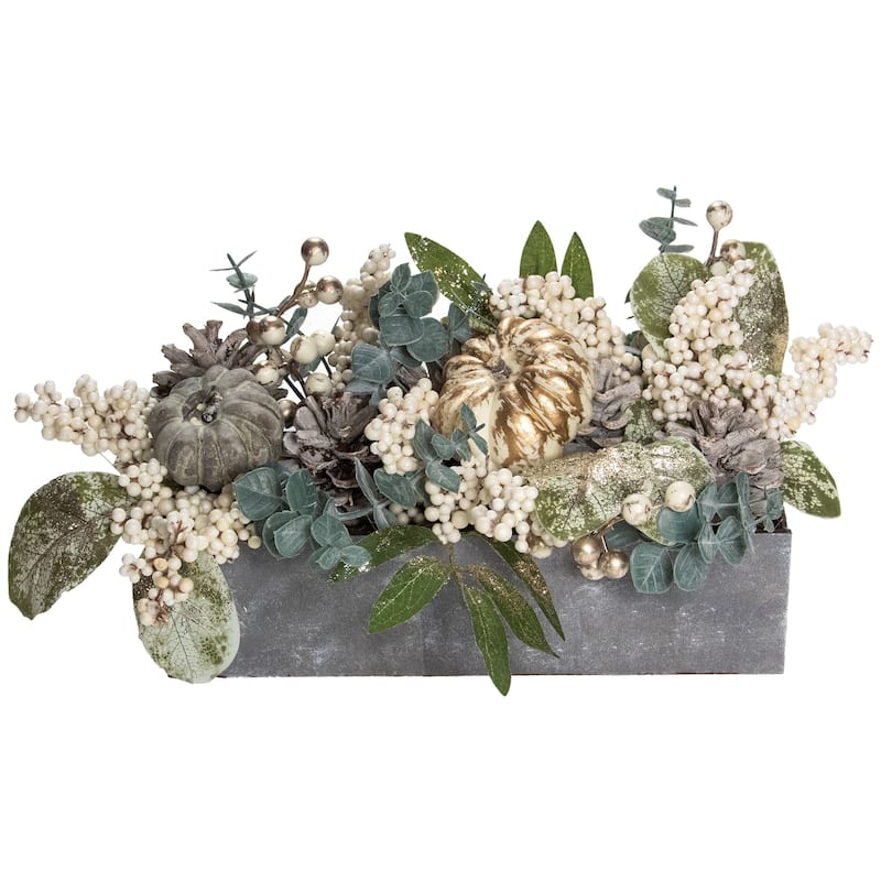 10.25" Neutral Colored Pumpkin Leaves Fall Harvest Floral Arrangement