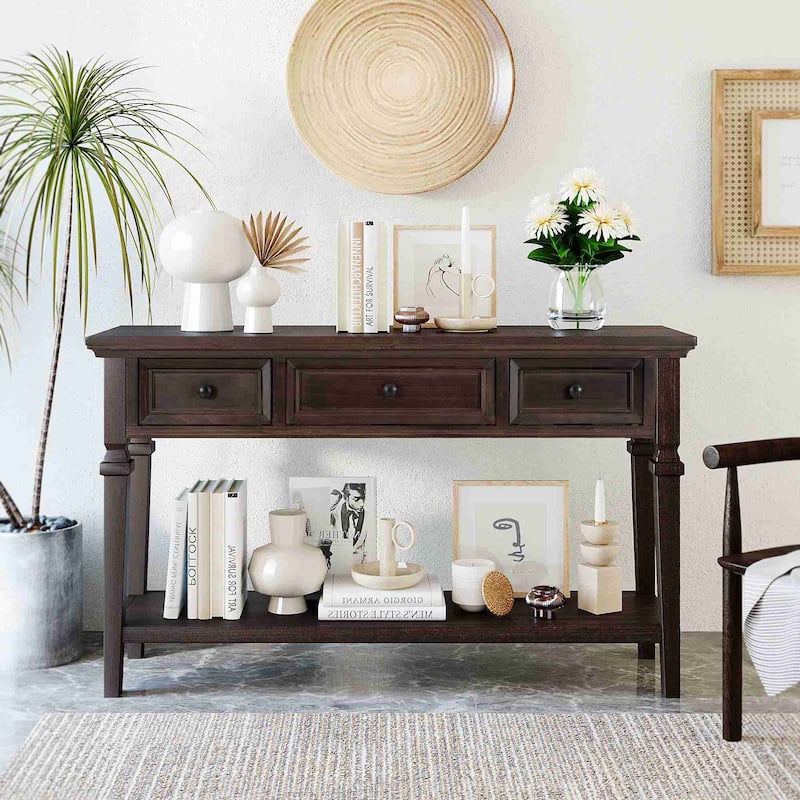 50"L Classic Retro Style Console Table with Three Top Drawers and Open Style Bottom Shelf (Gray Wash) - Espresso
