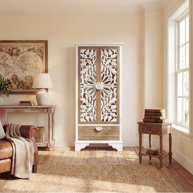 Solid Wood Tall Storage Cabinet, 31.5" Farmhouse Distressed White Carved Armoire with Shelves and Drawer - 31.5"x68.9"