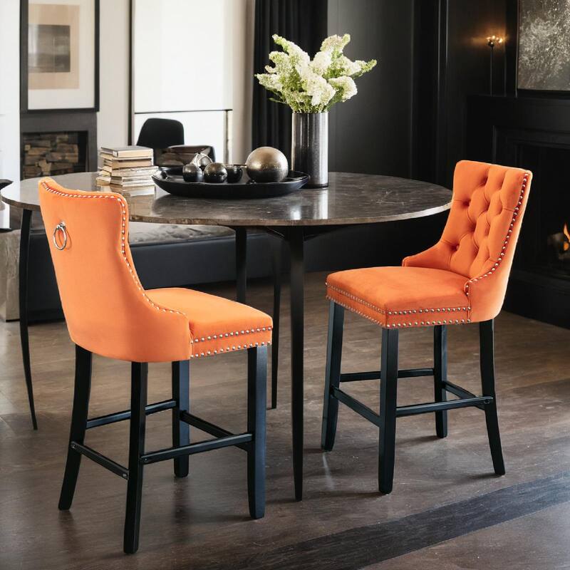 Velvet Upholstered Barstools with Button Tufted Decoration and Wooden Legs, and Chrome Nailhead Trim, Leisure Style Bar Chairs - Orange