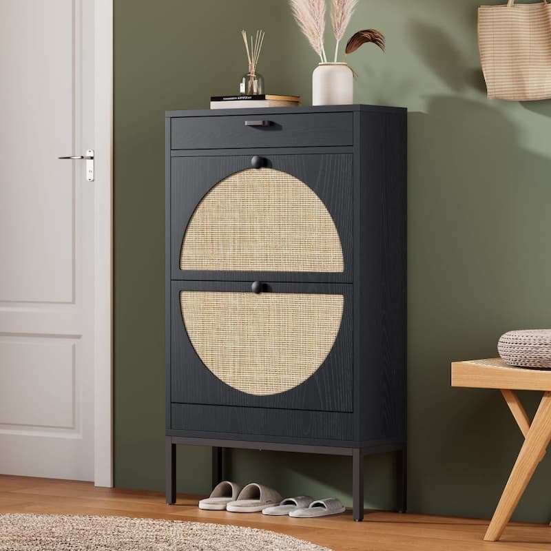 Boho Natural Rattan Shoe Storage Cabinet - Semicircular - Black