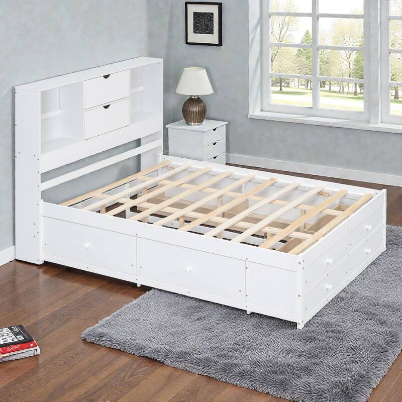 Platform Bed with Headboard Storage and 8 Drawers, Wood Bed Frame with Shelves and No Box Spring Needed