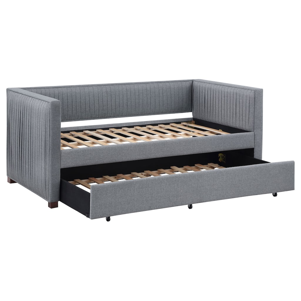 Grey Upholstered Twin Daybed with Trundle, Pleated Textured Fabric and Sleek Design for Modern Guestroom Use
