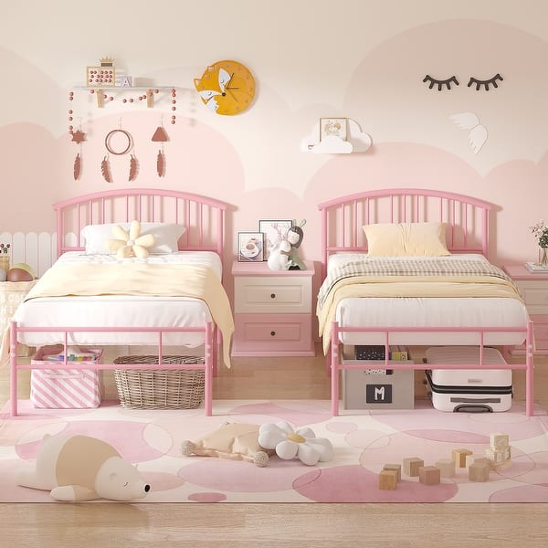 slide 2 of 25, VECELO Kids Bed Frame with Headboard & Metal Slat,Twin Size Bed Set of 2 Pink
