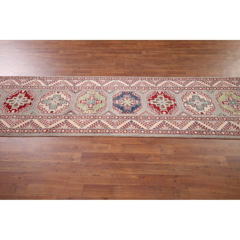 All-Over Gray Kazak Oriental Runner Rug Hand-Knotted Wool Carpet - 2'8" x 20'0"