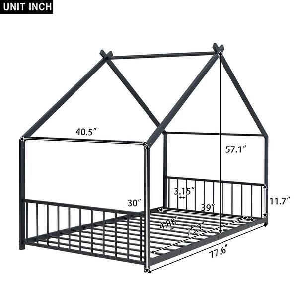 dimension image slide 1 of 16, Metal House Bed for Children Boys Girls Toddler Floor Bed House-shaped Frame Bed, Metal Slat Support Grounded Bed