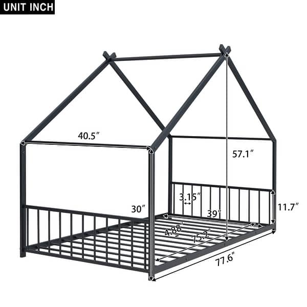 dimension image slide 4 of 6, Metal House Bed with Roof, Fence, and Back