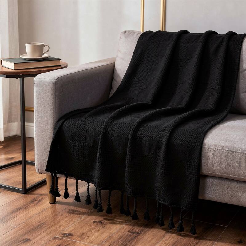 HomeRoots 50" x 60" Black Woven Cotton Throw Blanket with Fringe