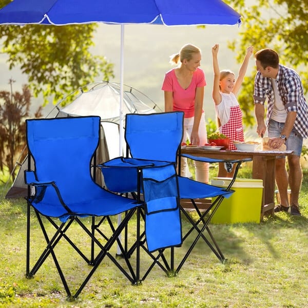 Costway Portable Folding Picnic Double Chair W Umbrella Table Costway Portable Folding Picnic Double