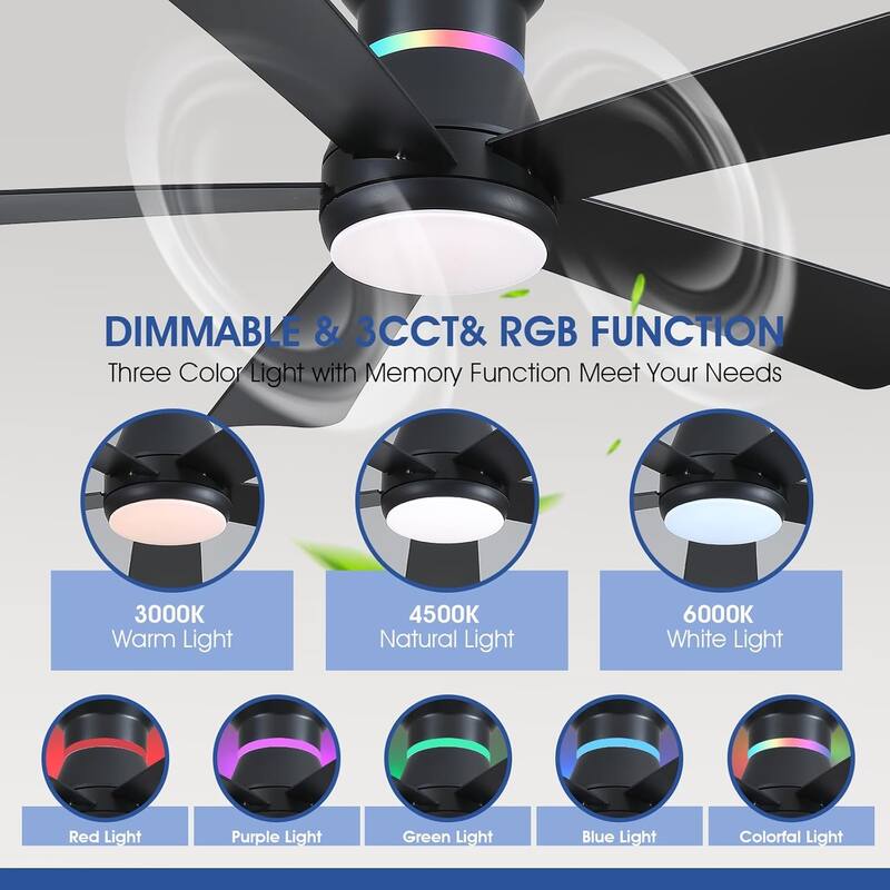 Kviflon 46 Inches RGB Flush Mount Ceiling Fan with Light and Remote,DC Motor,for Living Room Bedroom - 46 Inches