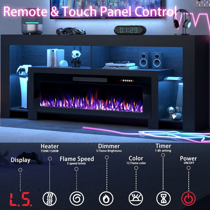 BOSSIN 82" Electric Fireplace TV Stand Entertainment Center, High Gloss with LED Lights, Holds TVs Up to 90 Inches, White