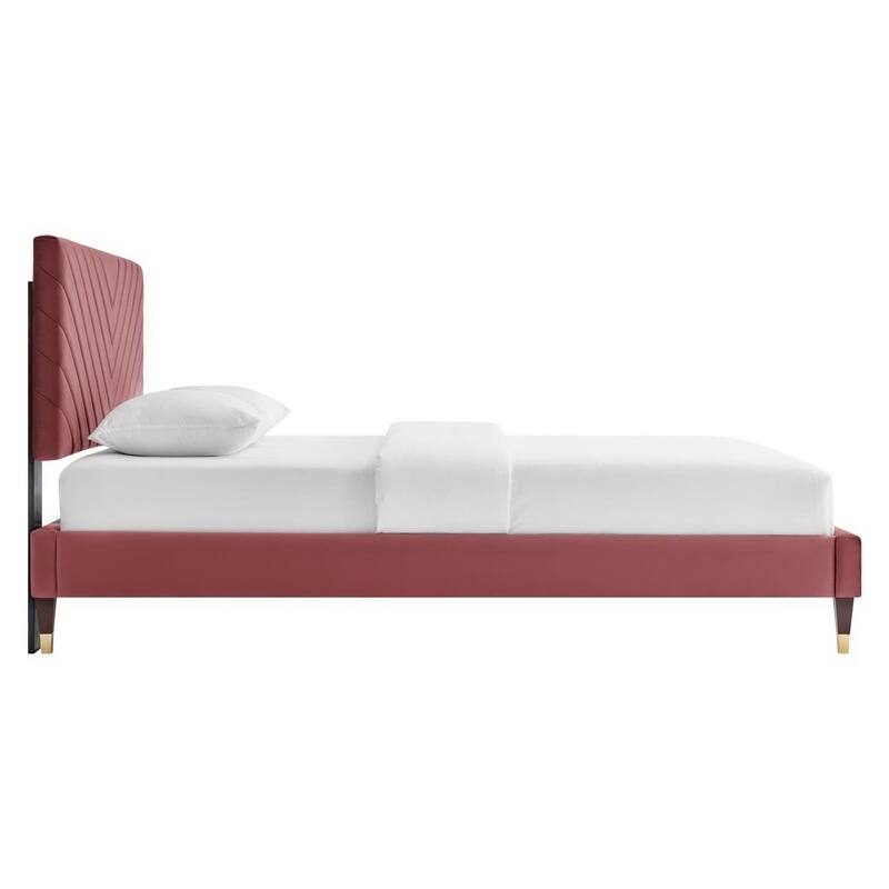 Roxanne Performance Velvet Platform Bed With Wood and Gold Legs