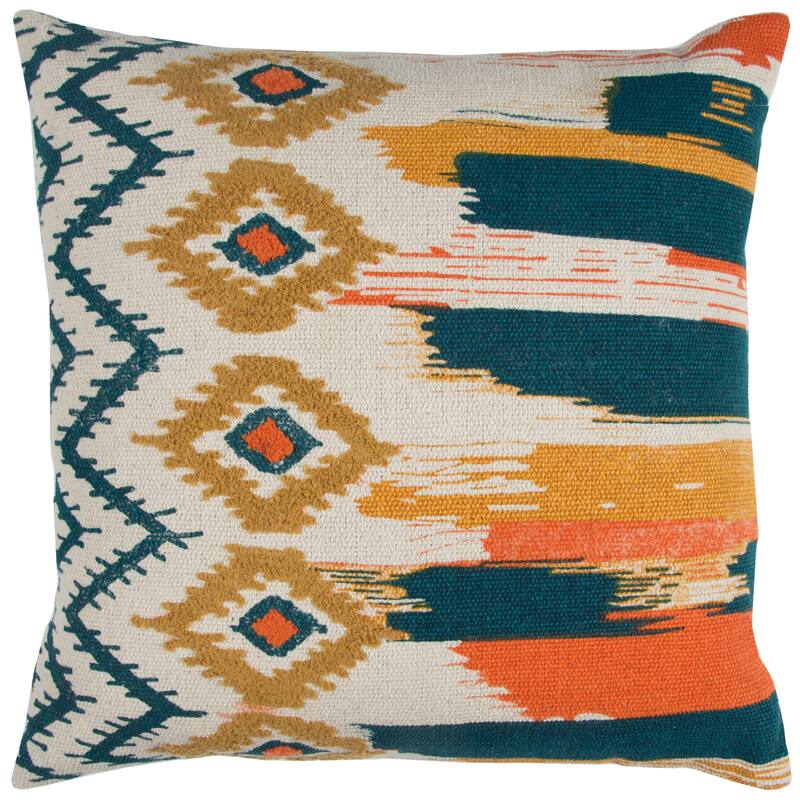 Rizzy Home Ivory, Blue, Orange, and Gold Abstract Throw Pillow