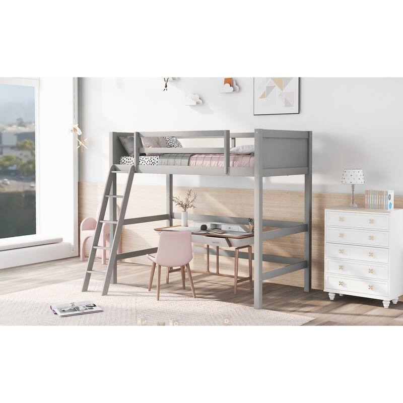 Gray Twin Size Solid Wood Loft Bed with Ladder, Sturdy Pine Frame & 14 Slats