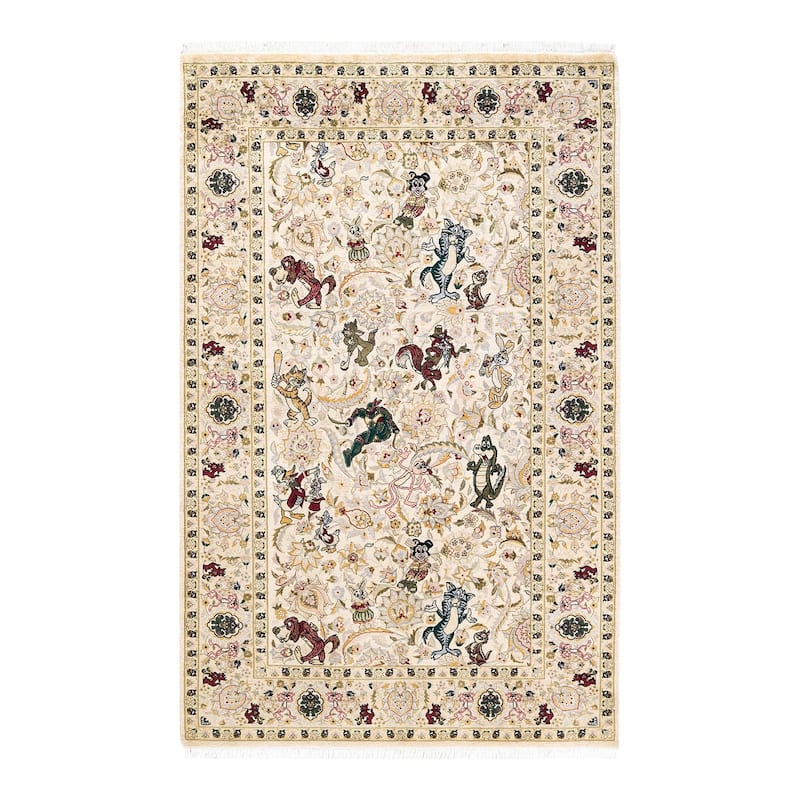 Overton Handknotted Wool Traditional Oriental Ivory Area Rug - 5' x 8' - Ivory - 5' x 8'