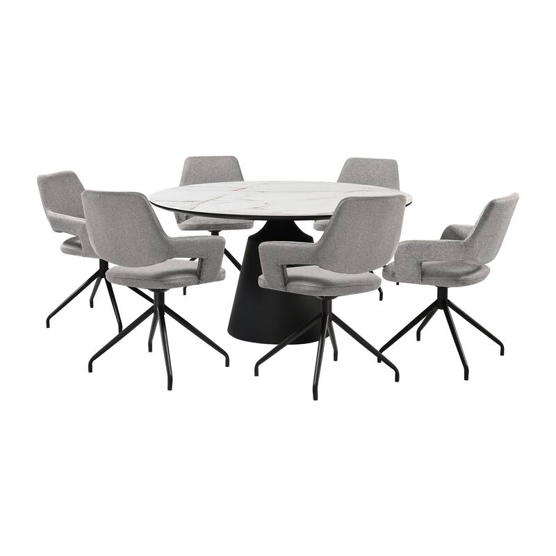 Knox Penny 7 Piece Dining Set with Stone Top and Upholstered Swivel Chairs