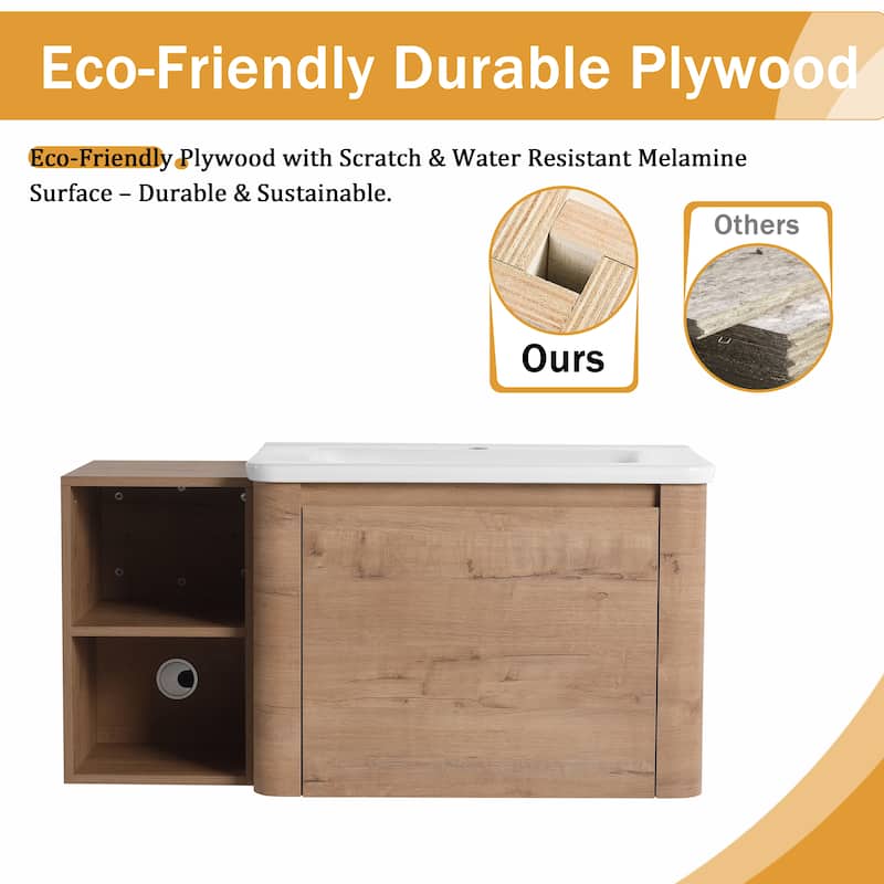 Malwee 28"/40"/52"/68" Floating Bathroom Vanity, Wall Mounted Bathroom Vanity with Ceramic Sink,Soft Close Door and Shelf