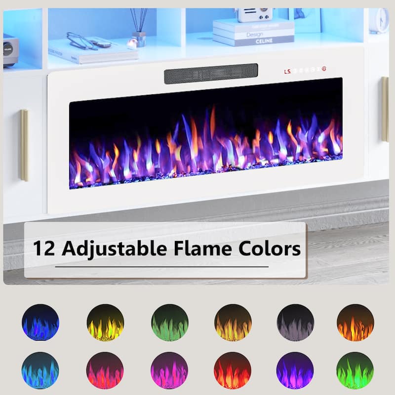 BOSSIN 80" Floating TV Stand with 36" Electric Fireplace, High Gloss Finish Wall Mounted Fireplace TV Stand with Storage