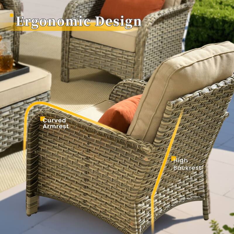 HOOOWOOO 9-piece Outdoor Wicker Patio Furniture Swivel Rocking Chair Set with Fire Pit