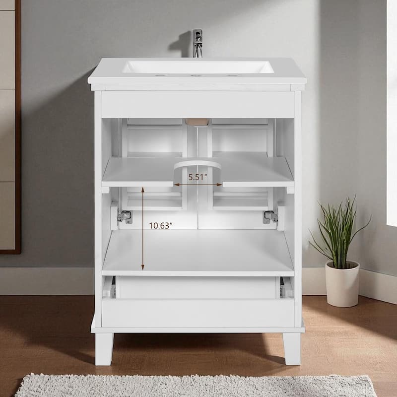 24" Bathroom Vanity with Ceramic Sink, Solid Wood Frame, Soft-Close Doors, Drawer and Shelves, Freestanding Storage Cabinet