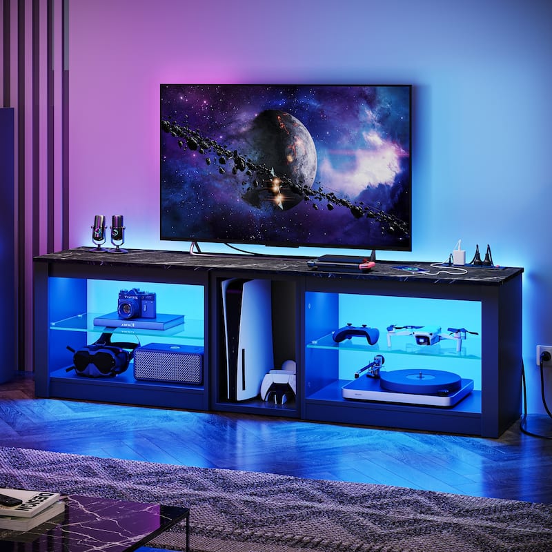 63" TV Stand Gaming Entertainment Center for TVs up to 70" with LED Lights Cabinet and Shelves