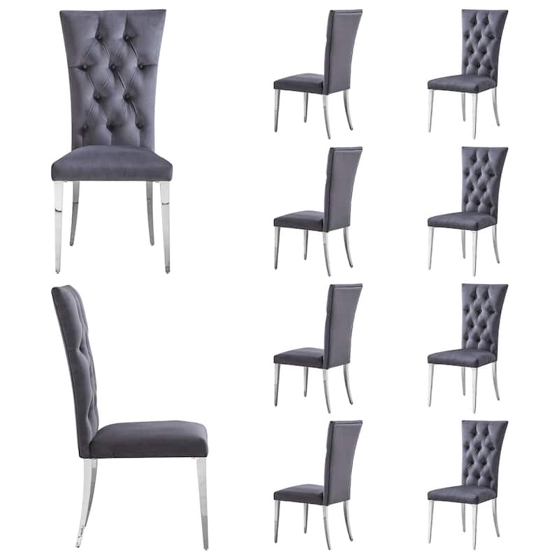 Modern Stylish Grey Velvet Buttons Tufted Upholstered Dining Room Chairs with Silver Stainless Steel Legs