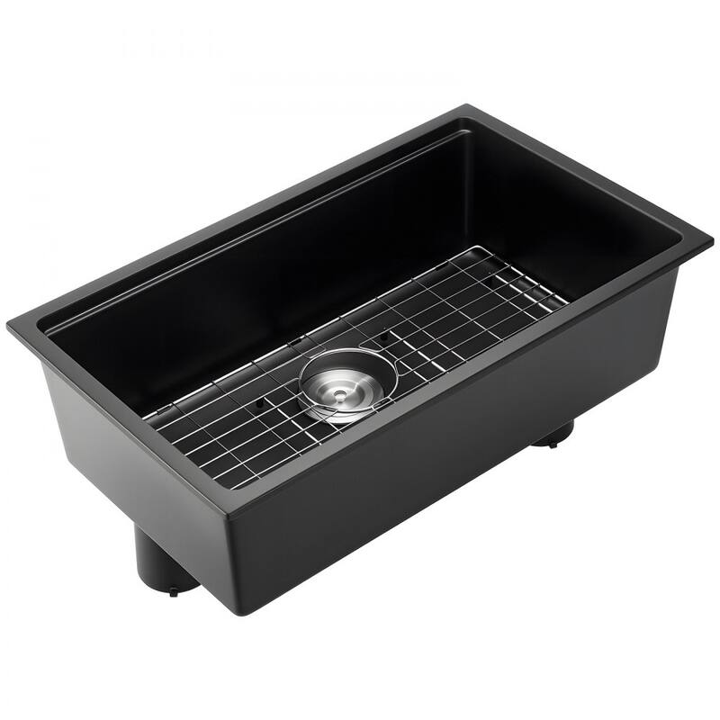 Black Granite Undermount Kitchen Sink with Single Bowl and Cutting Board and Roll-Up Rack