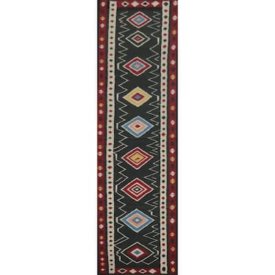 Hand Woven Oriental 100% Wool Carpet Southwestern Tribal Black Kilim Runner Rug - 15' 1'' X 3' 2''