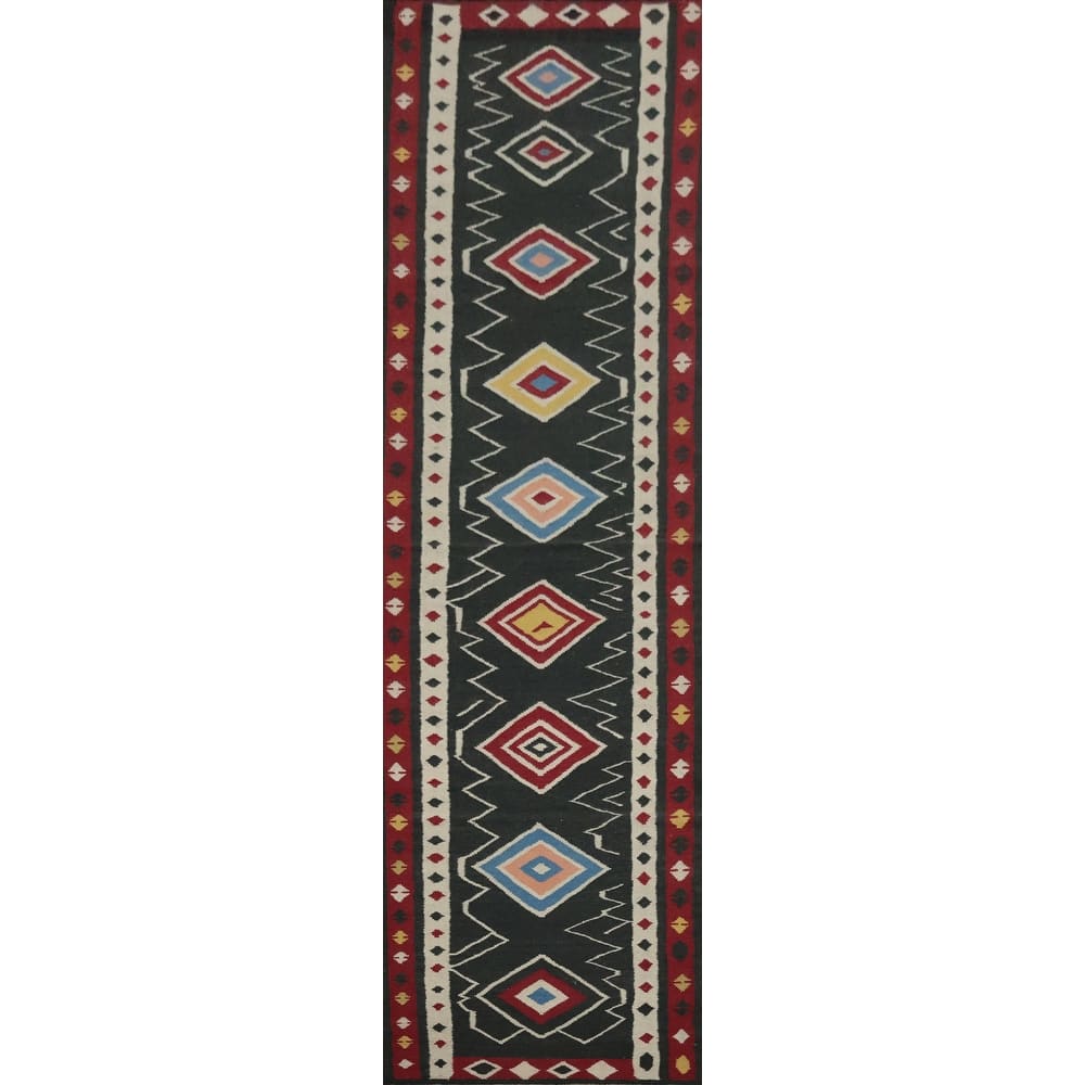 Hand Woven Oriental 100% Wool Carpet Southwestern Tribal Black Kilim Runner Rug - 15' 1'' X 3' 2''