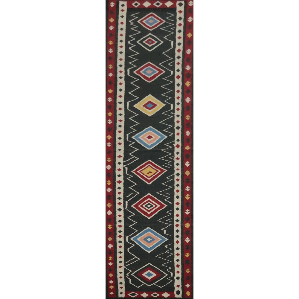 Hand Woven Oriental 100% Wool Carpet Southwestern Tribal Black Kilim Runner Rug - 15' 1'' X 3' 2''