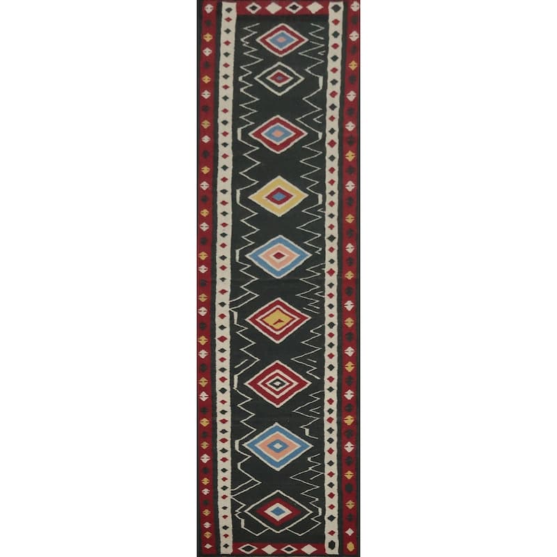 Hand Woven Oriental 100% Wool Carpet Southwestern Tribal Black Kilim Runner Rug - 15' 1'' X 3' 2''