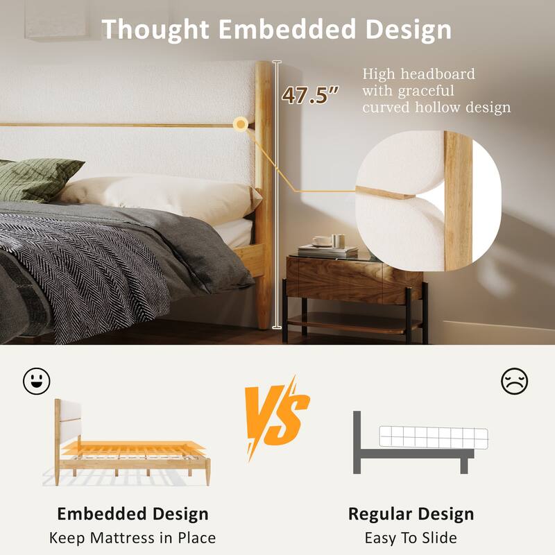 Solid Wood Platform Bed Frame with Ivory Fleece Upholstered Headboard, Wood Slats Support and Center Wood Legs