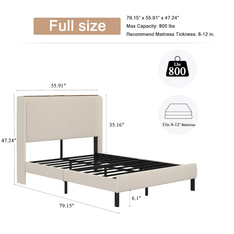 Full Size Platform Bed, Metal Bed Frame with Charging Station, No Box Spring Needed, Noise Free,Easy Assemble