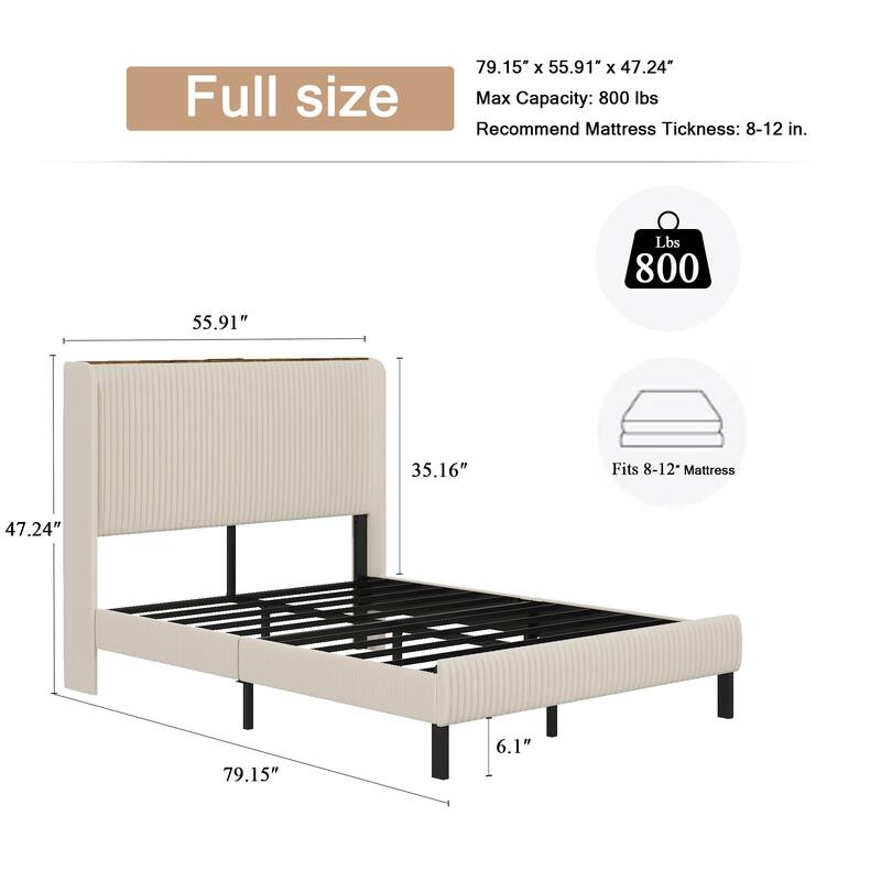 Velvet Upholstered Wingback Platform Bed, Modern Heavy Duty Metal Bed Frame with Charging Station